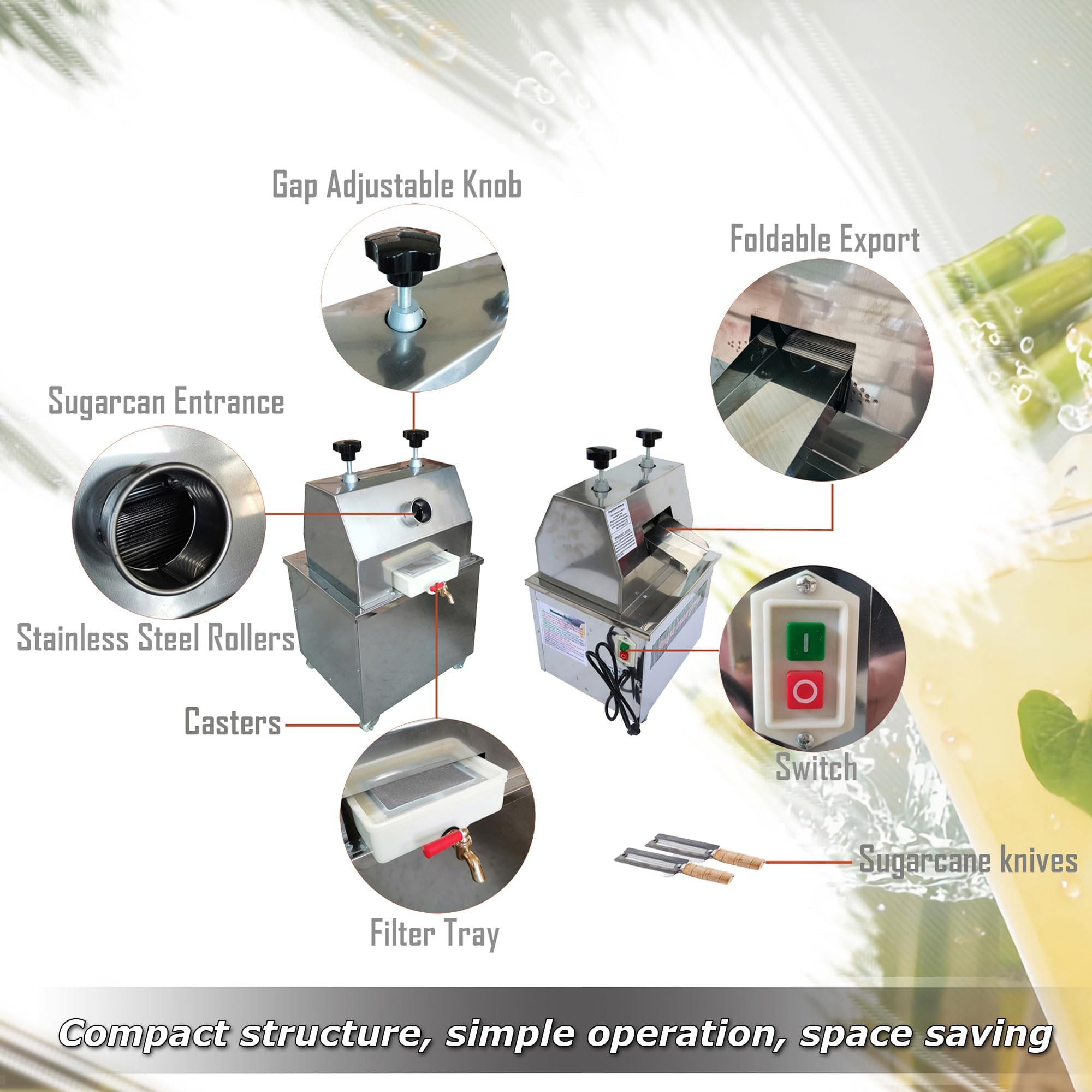 INTSUPERMAI Commercial Sugarcane Press Sugar Cane Juicer Machine Sugarcane Juice Extractor 110V Electric Sugar Cane Fruit Press Juicer with 3 Solid Rollers 2 Knives for Commercial Home Use