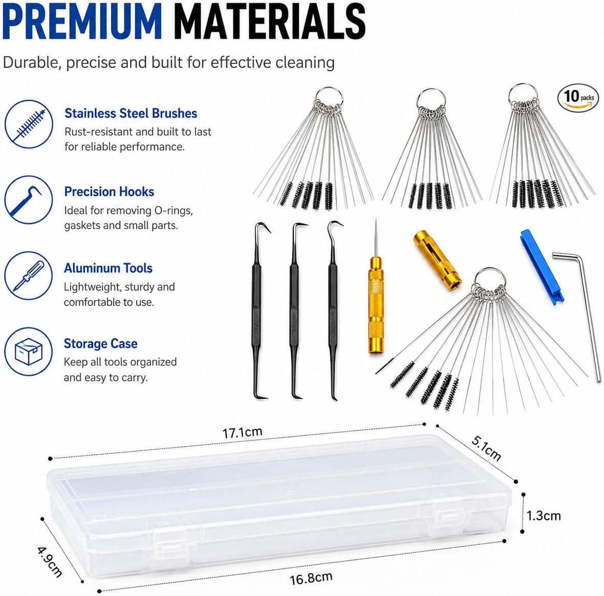 56 Pcs Carburetor Cleaning Kit – 30 Cleaning Needles, 15 Nylon Brushes, Stainless Steel Jet Box, Hex Wrench, Scraper, Plastic Box, 3 Double-headed Brush, 4 Pcs Hooks for Auto Motorcycle