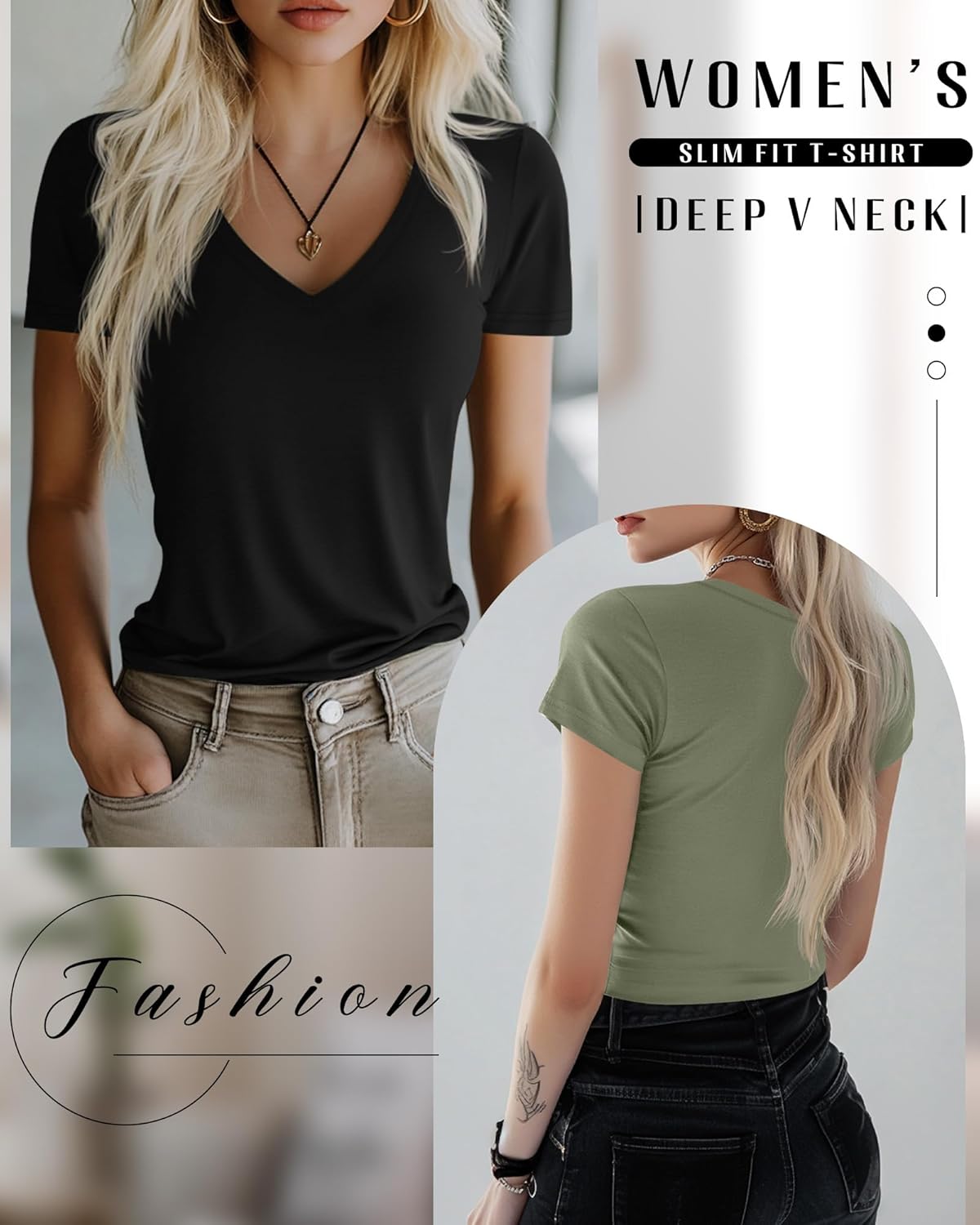 Huukeay 3 Pack Women's Deep V Neck Shirts Short Sleeve Slim Fitted Tops Basic Casual Tee Summer Going Out Tight T-Shirts - Image 4