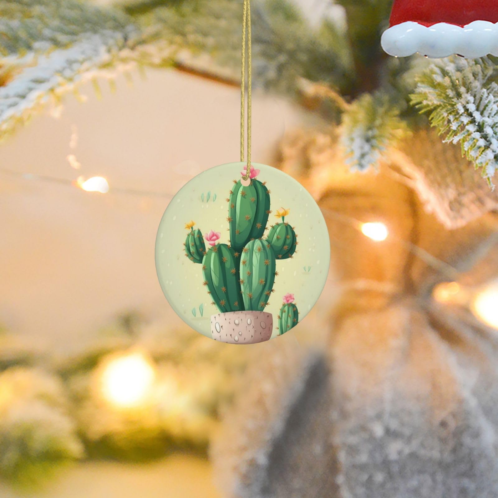 2025 Christmas Tree Decoration Hanging Round Ornament Cute Cactus Ceramic Ornaments Christmas Tree Decorations Round Pendants for Xmas Tree Winter New Year Party Supplies