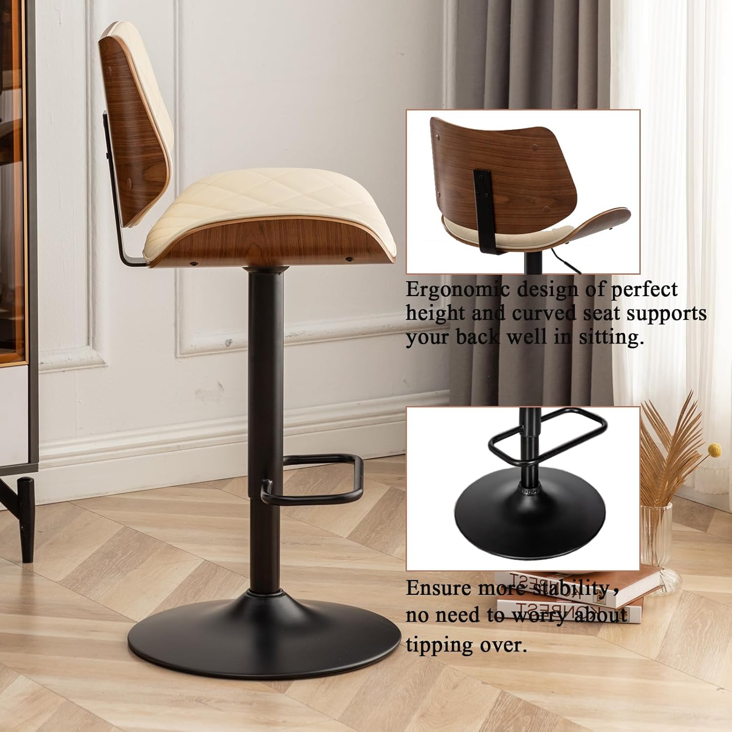LUNLING Bar Stools Set of 2 Mid Century Modern Adjustable Counter Height Black Leather Upholstered 360°Swivel Bar Chairs for Kitchen Island/Dining Room/Cafe