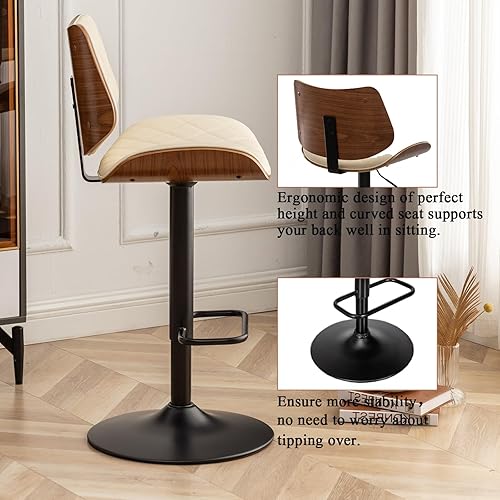 Miniatura 3 de LUNLING Juego de 2 taburetes de bar modernos de mediados de siglo, altura de mostrador, tapizados de cuero negro, sillas de bar giratorias de 360
