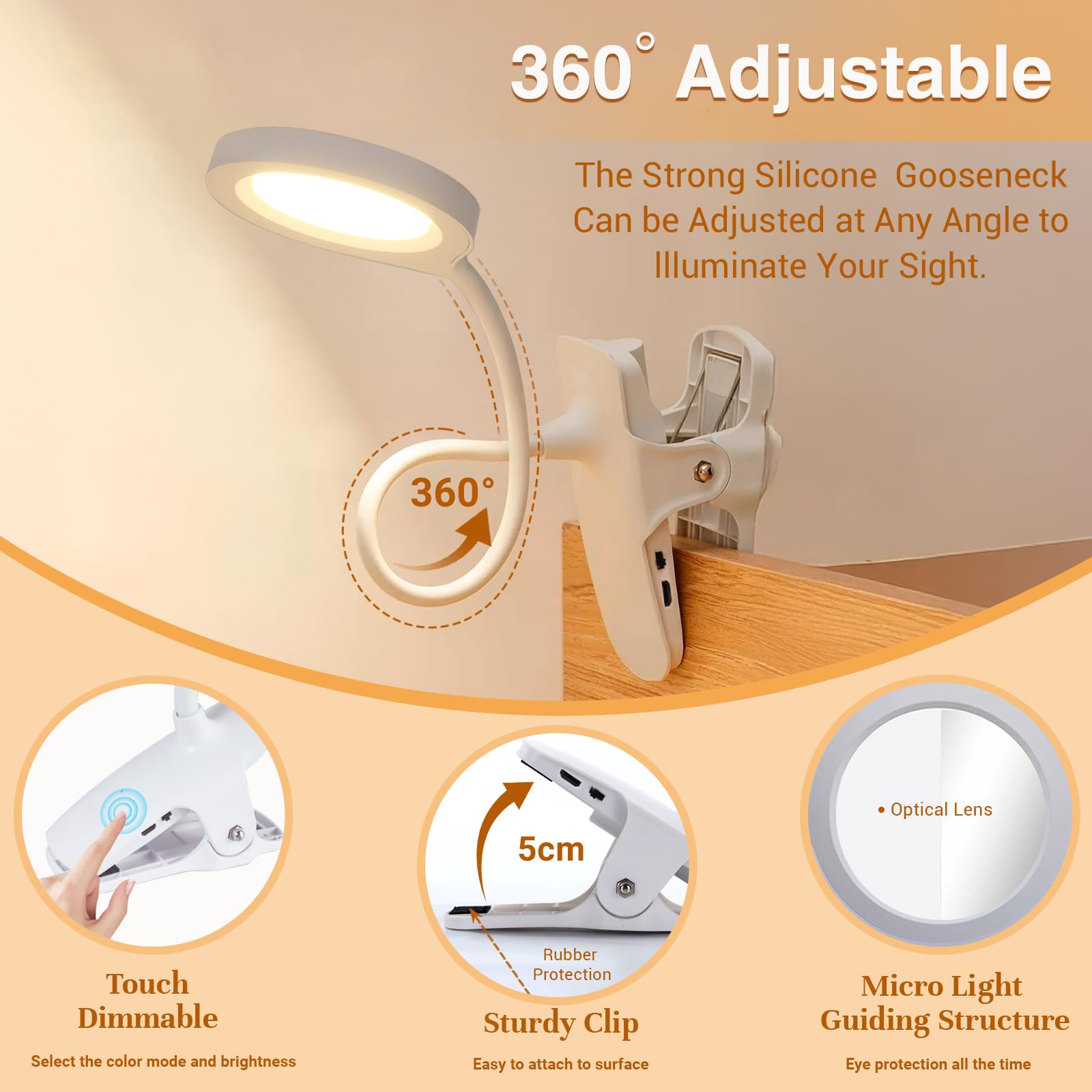 Akynite 36 LED Lampe de Lecture Rechargeable avec Pince, 5 Couleur et 5 Intensité, Lumière de Lit, Lampe Pince Tactile & Dimmable pour Enfants, Blanche