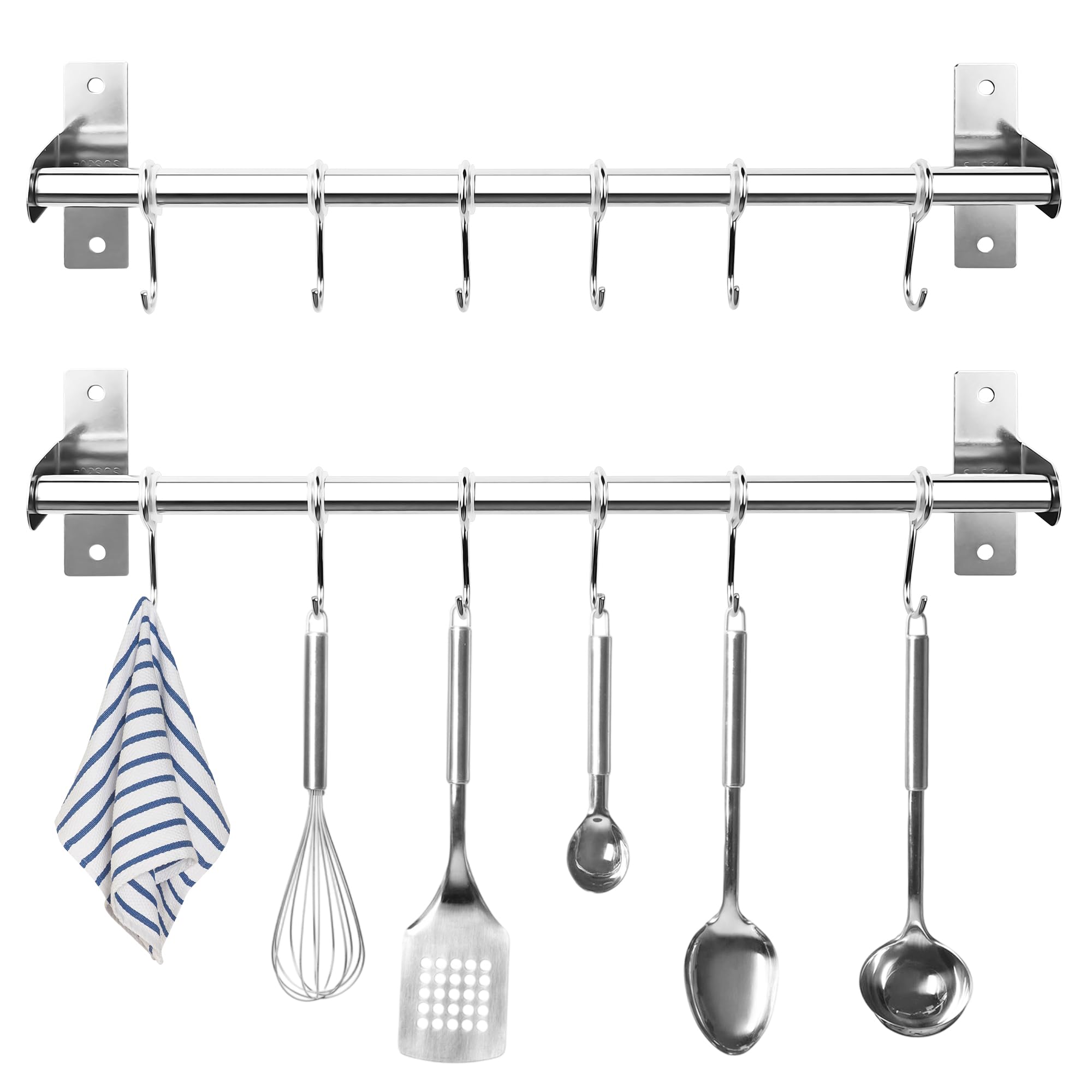 Aramanara 2 Pcs Stainless Steel Kitchen Utensil Rack, 40 cm Kitchen Hanging Rail with 6 Movable Hooks, Wall Mounted Kitchens Utensil Holder for Pot Pan Lid Spoons Towels