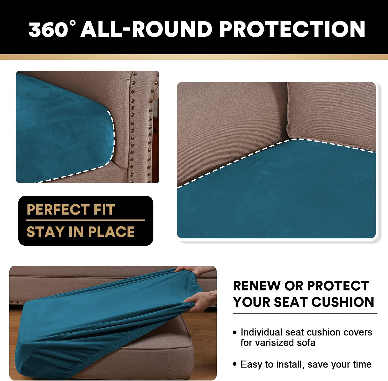 PrinceDeco Stretch Velvet Couch Cushion Covers, Soft Cushion Slipcover for Chair Loveseat Sofa Cushion Furniture Protector Seat Cushion Sofa Cover(Each Width Up to 29.5" Deep Teal)