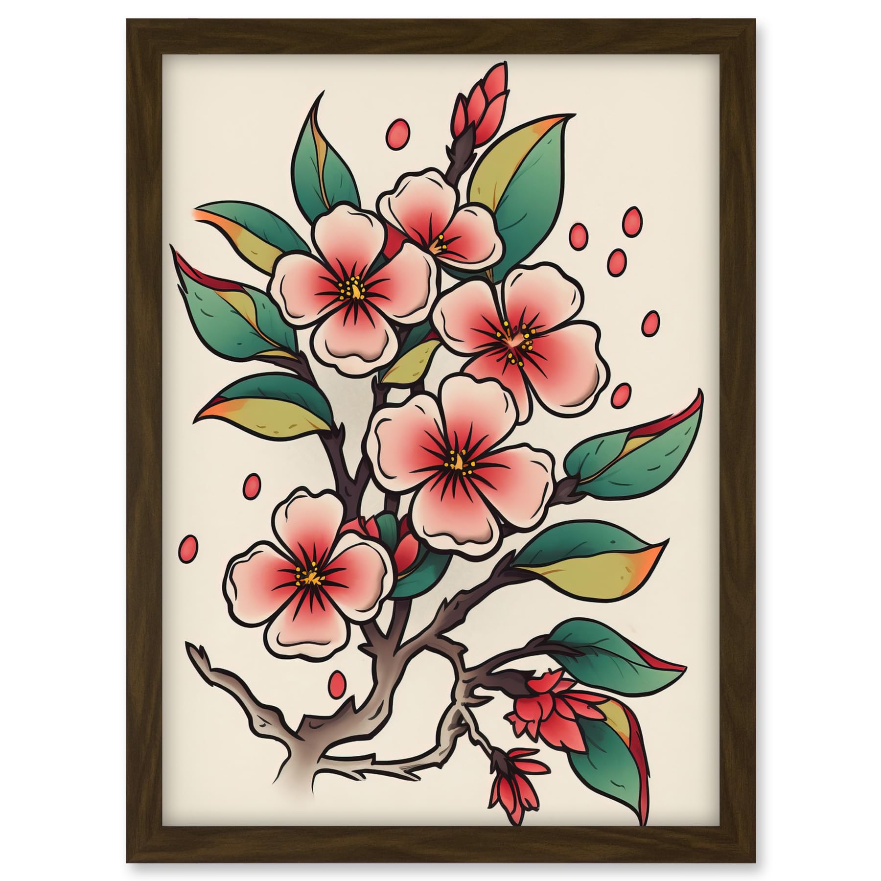 Cherry Blossom Branch Flowers Tattoo Ink Body Art Rockabilly Americana 50s Artwork Framed A3 Wall Art Print