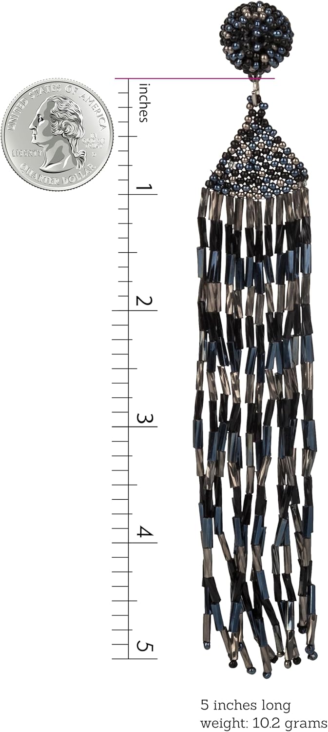 SPUNKYsoul Handmade Beaded Boho Earrings, Ombre Mixed Metallic Seed Bead Long Fringe Statement Earrings, Jewelry for the Modern Bohemian Women (BLACK & SILVER) - Image 3