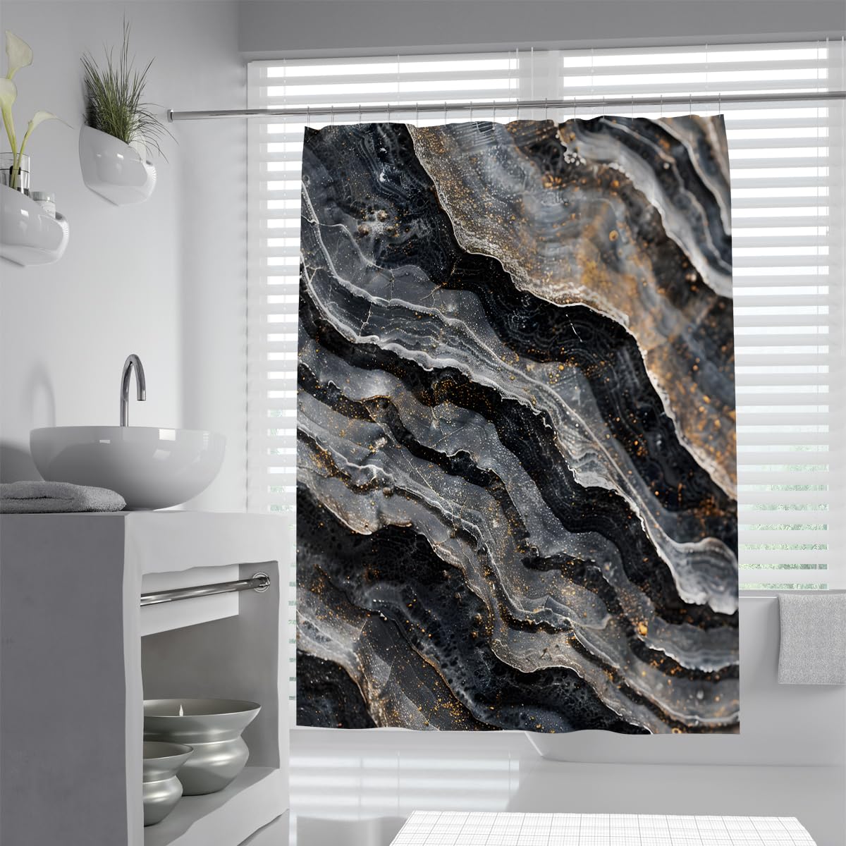 UIRINGART Black Gold Marble Shower Curtains W150xL200cm Luxury Abstract Agate Geode Texture Fabric Bath Curtains Water Resistant Polyester Bathroom Decor Washable with Hooks