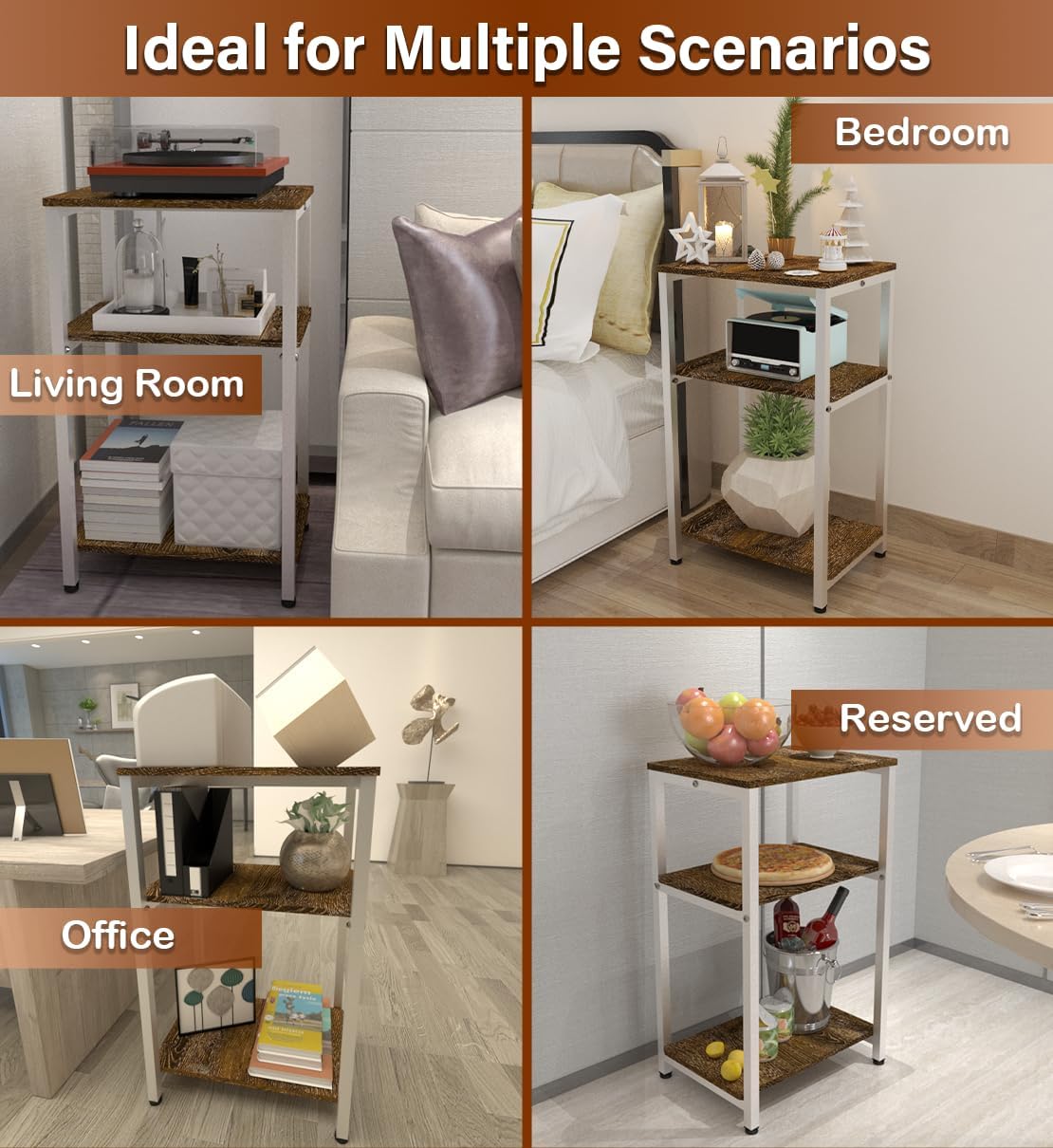 3 Tier Side Table, Heavy Duty End Table with Shelves, Narrow Nightstand Table for Small Spaces, Record Player Table for Bedroom, Living Room, Sofa Couch - Rustic Brown & White