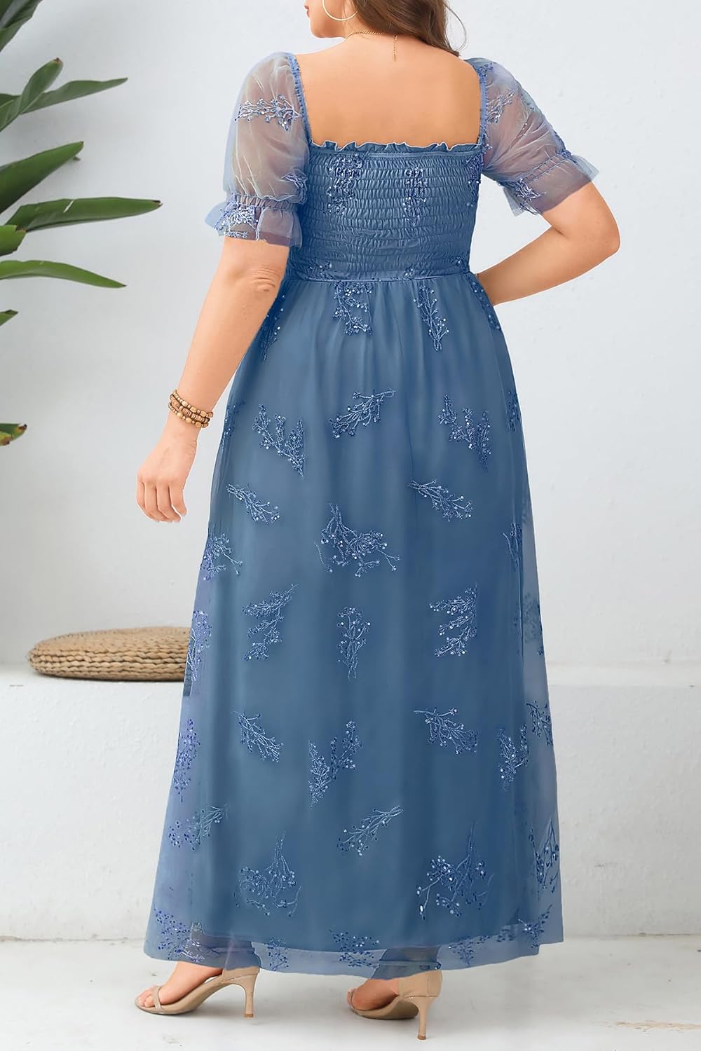 Plus Size Formal Dresses - Bridesmaid Leaf Embroidery with Sequin Tulle Prom Long Dress