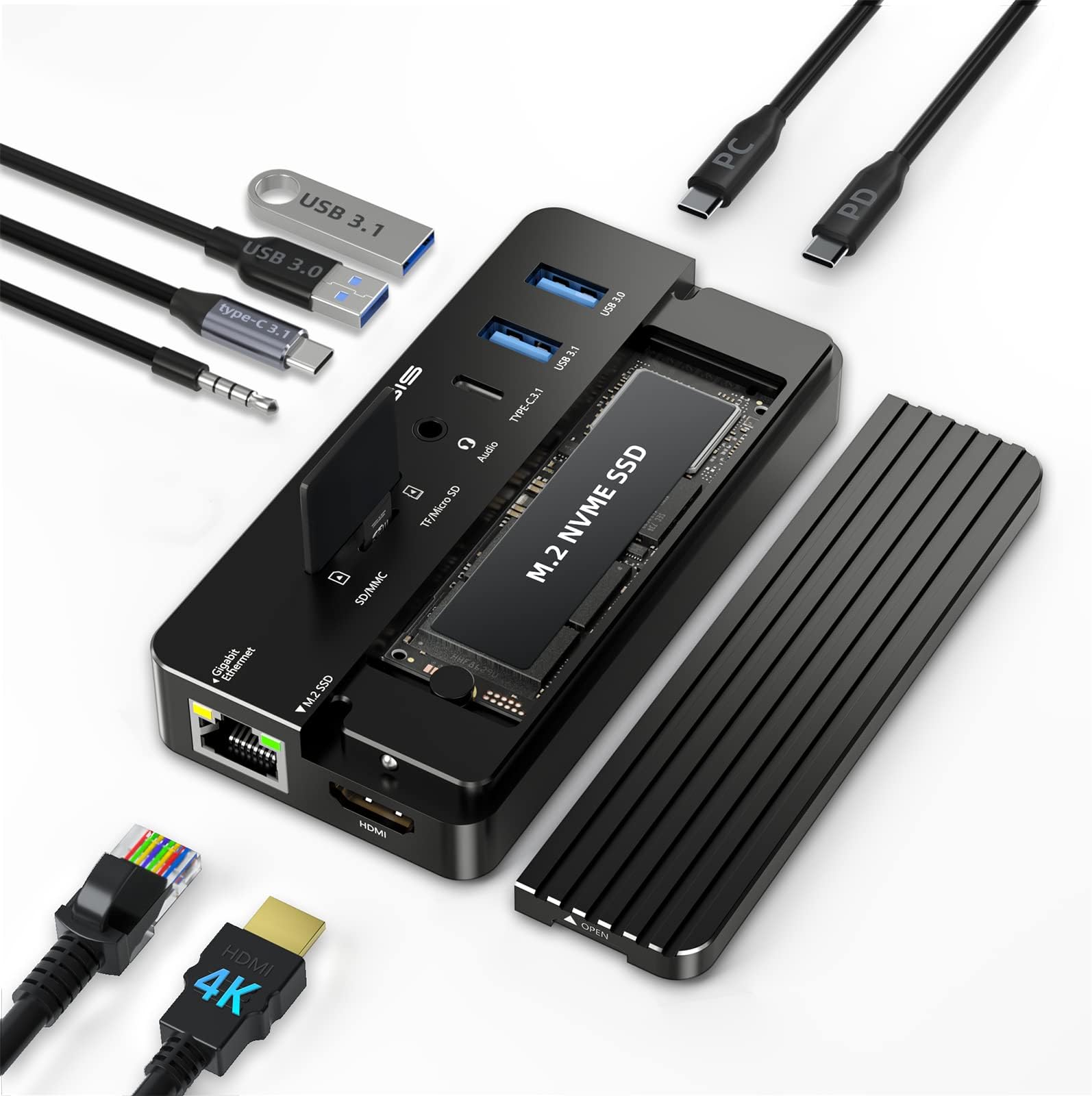 10-in-1 USB C Docking Station and M.2 NVMe SSD Enclosure, Multi-Port USB-C Hub Adapter with 4K HDMI, USB 3.1 Port, 100 W Power Delivery, USB 3.1 Type-C Enclosure for M.2 PCIe NVMe and SATA SSDs