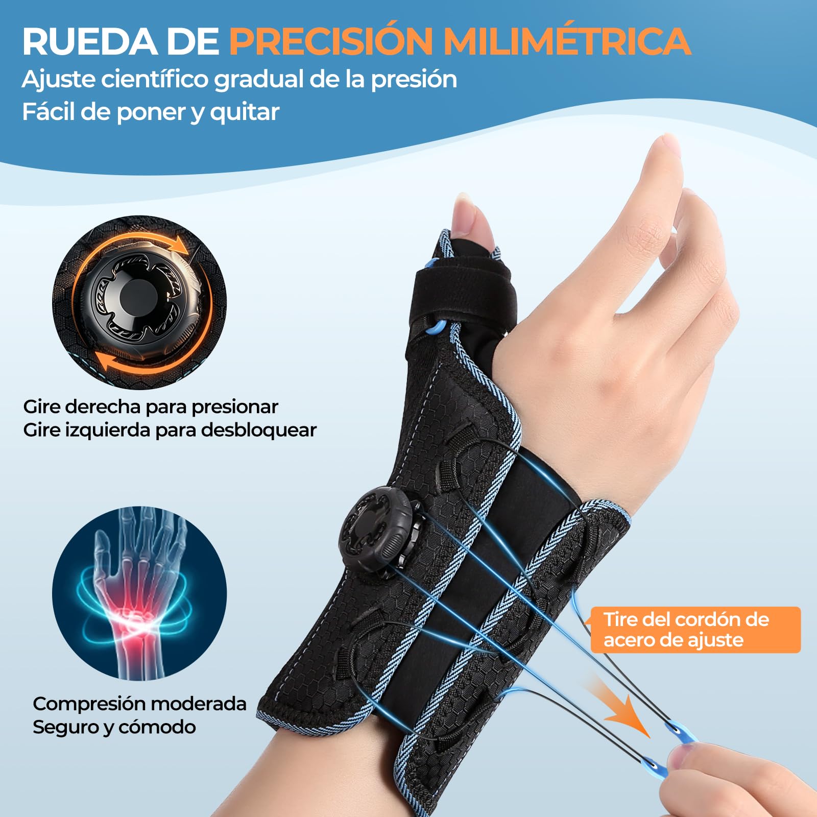 Muñequera Tunel Carpiano, 3 Estabilizadores, Mano Derecha-Azul | Ajuste para una Circunferencia Máx Muñeca 7.87", Muñequera Para Tendinitis con Botón Giratorio, Para Hombres Mujeres