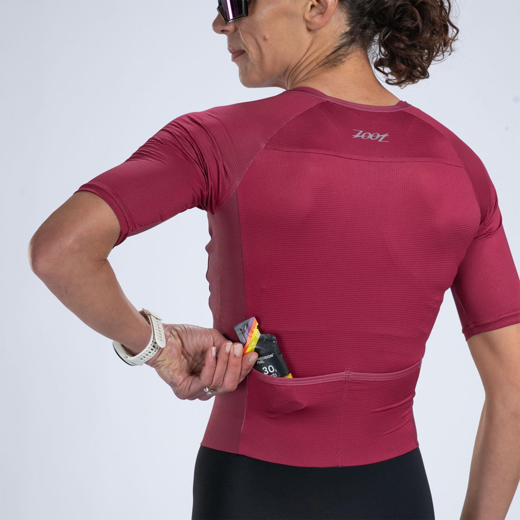 Zoot Damen Core Tri Aero FZ Racesuit kurzärmelig Triathlon-Anzug Plüsch-Chamois Race Day Storage