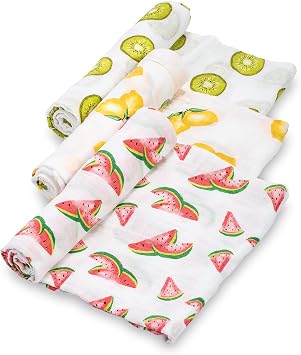 LollyBanks Muslin Swaddle Blanket |Baby Girl Fruit Pattern | Watermelons, Lemons, and Oranges |100% Cotton |New Borns and Infants |Large 47 x 47 inches |Machine Washable
