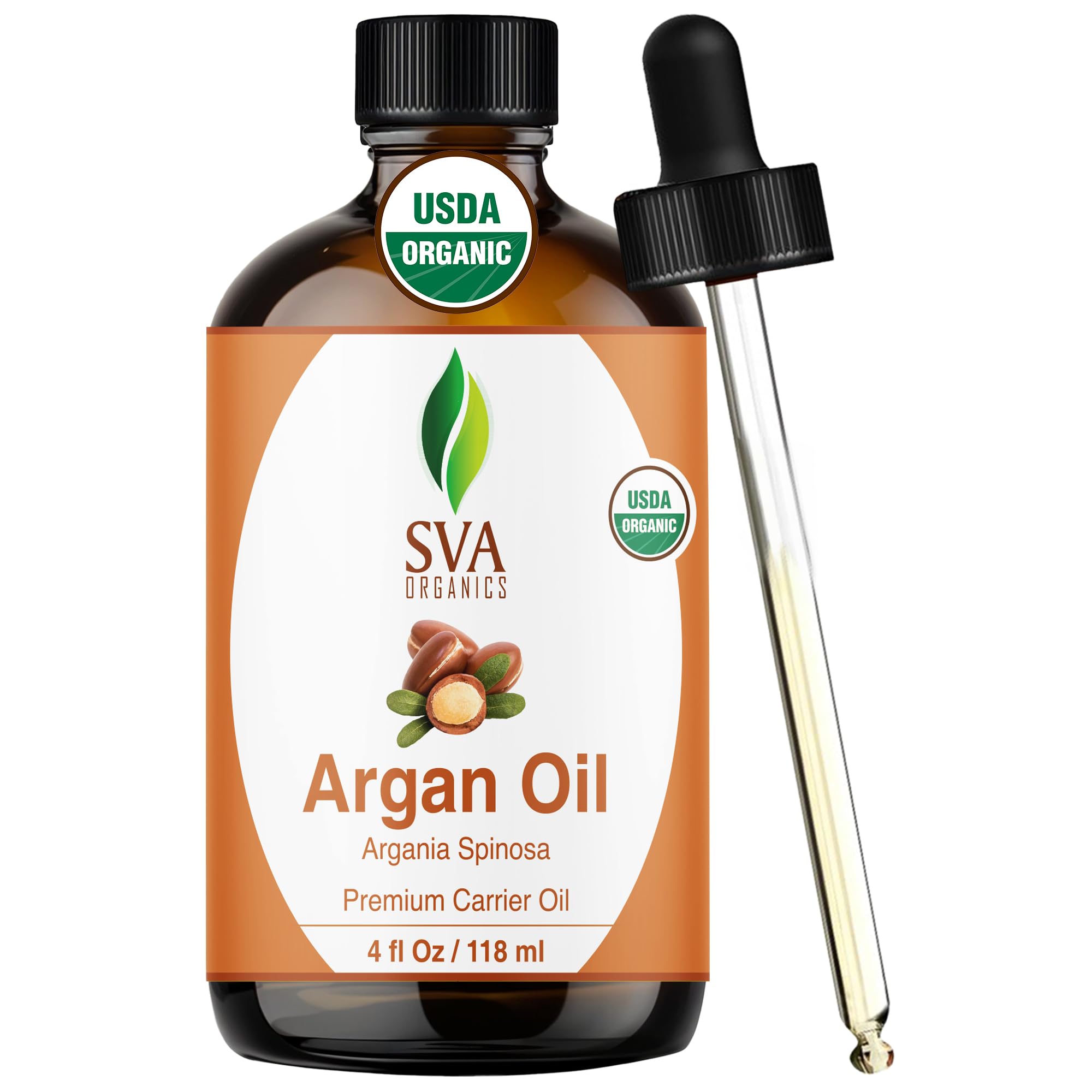 SVA Organics Argan Oil Organic Cold Pressed 4 Oz USDA 100% Pure & Natural Authentic Premium Therapeutic Grade Carrier Oil for Shiny Hair, Beard, Face, Dry Skin Care, Body Moisturizer