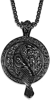 Raven Necklace, Black Plated Stainless Steel Viking Celtic Raven Medallion Pendant, Box Chain, Raven Jewelry Gift