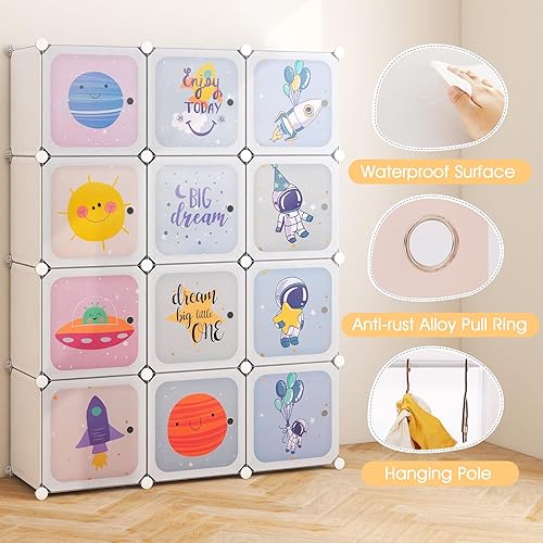 Miniatura 4 de INFANS Armario para niños, armario portátil para bebé, lindo para dormitorio de niños, armario de guardería con puertas, 12 cubos, 2 secciones para