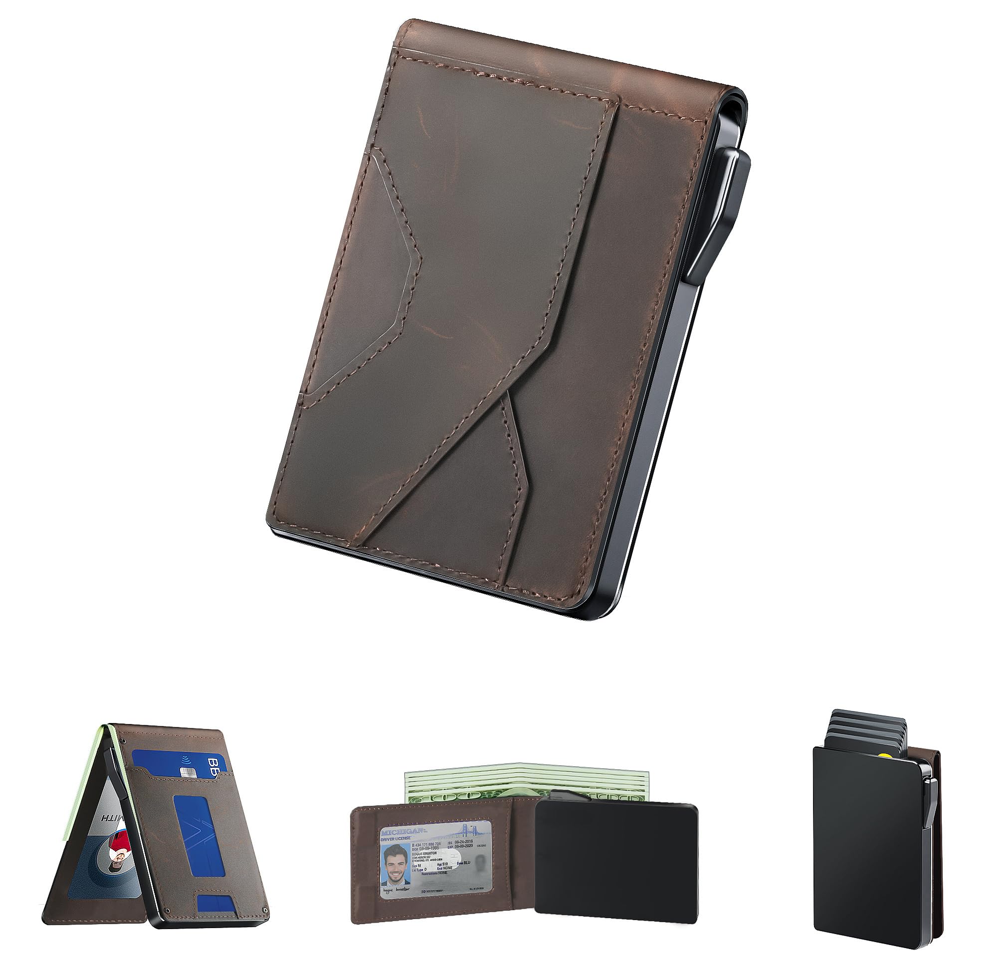 Wallet for Men - Slim Leather Mens Wallet with Cash Slot, Pop-up Card Slot, Credit Card Slot - RFID Blocking Wallet Front Pocket with ID Window (Coffee Brown)