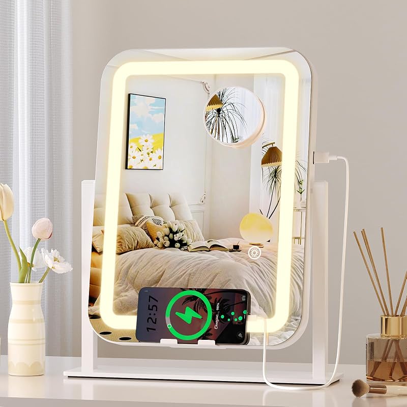 Espelho de maquiagem de mesa VETIVAGE com iluminação LED, saída USB, suporte para celular, 120 LEDs, 3 cores de luz, dimerização contínua e rotação de 360°