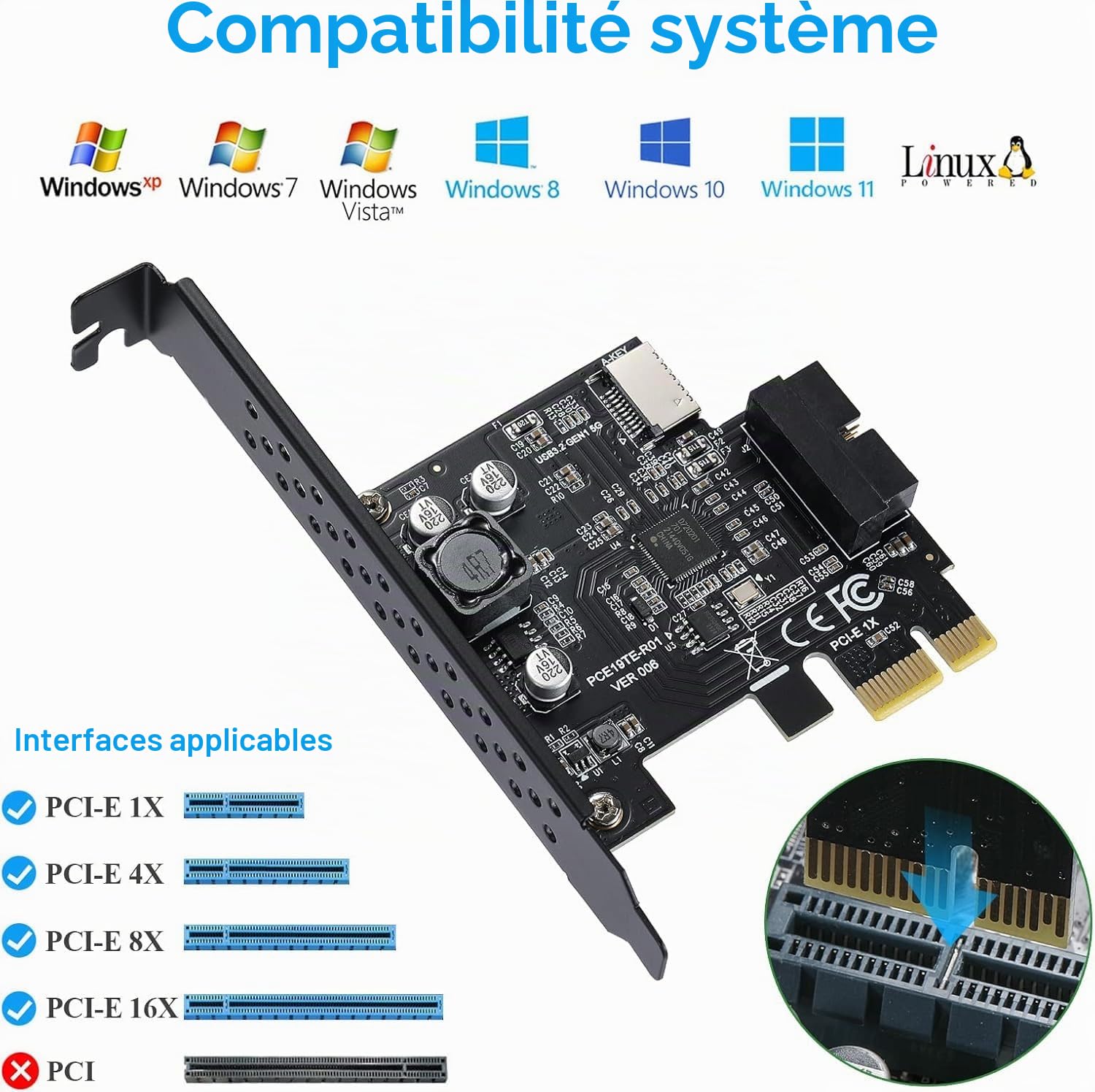 USB 3.2 GEN1 Type-e (clé A) en Face Avant (vers Type-C en Face Avant) 5 Gbps