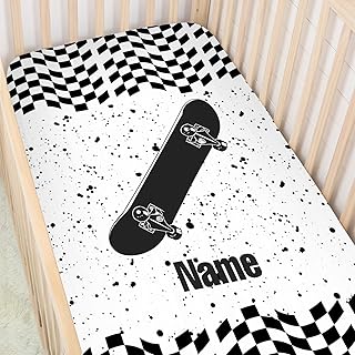 Personalized Baby Crib Sheet with Name, Custom Skateboard Crib Fitted Sheets, Standard Crib Mattress Sheets for Baby Boys, Breathable Nursery Bedding for Toddler Infants, 28