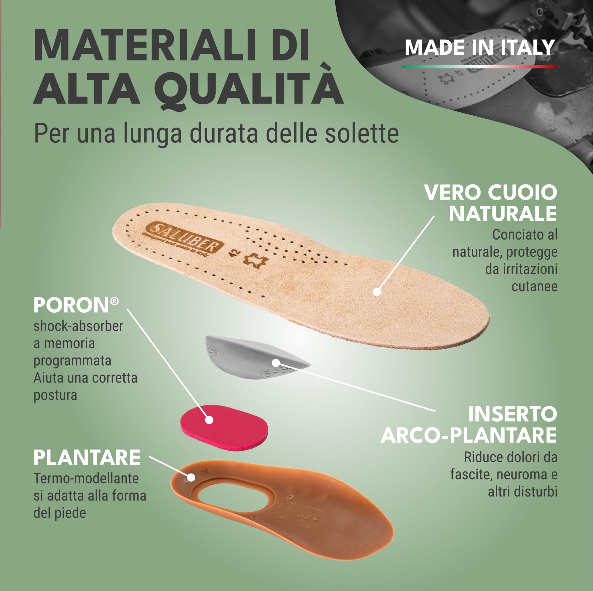 Saluber Solette Ortopediche Plantari Naturali per Fascite Plantare, Piede Piatto, Tallonite, Neuromi, Correzione Postura, con Supporto Arco Plantare e Assorbimento Urti, Fatto a Mano in Italia (38)