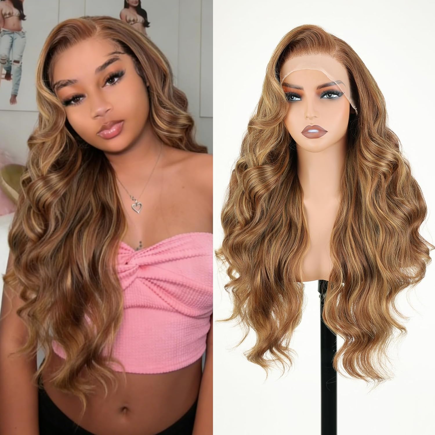 X-TRESS 13x6 Free Part Honey Blonde Wig 26inch HD Lace Frontal Wig 13x6 Natural Looking Easy to Wear Heat Resistant Synthetic Wigs Malibu Long Wavy Girls Cosplay Daily Party Use for Black Women