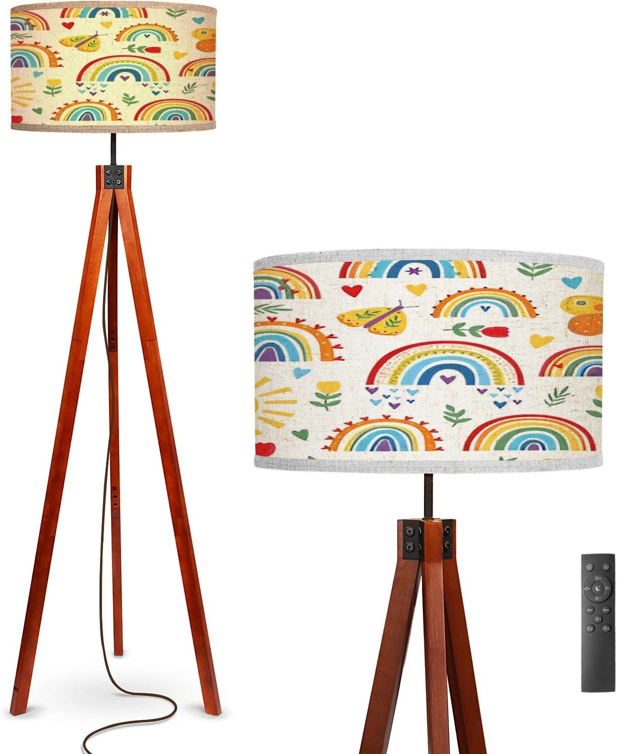 Floor Lamp Cute bright rainbow butterfly seamless pattern design white Summer Standing Lamp Solid Wood Legs Modern Tall Lamp Tripod Floor Lamp with Flaxen Shade for Living Room, Bedroom, Office