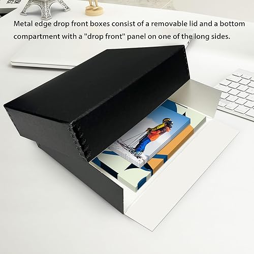 Miniatura 8 de Lineco Caja de almacenamiento de archivo de museo, 16.75 x 20.75 x 3 pulgadas. Diseño frontal caído. Sin ácidos con borde metálico. Organiza fotos,