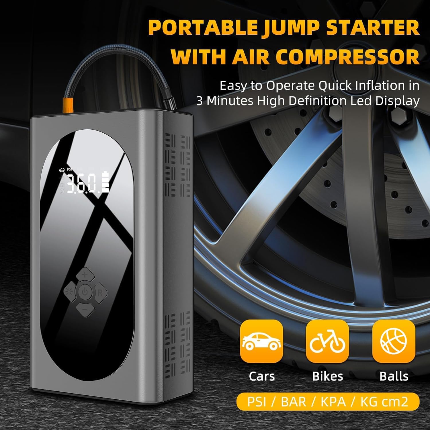 Giatero Q12 Portable Jump Starter with Air Compressor, showing digital display and icons for inflating car tires, bike tires, and balls.