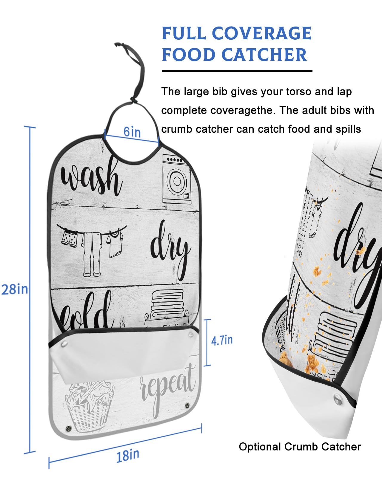 Laundry Room Adult Bibs for Eating, Waterproof Bibs with Food Catcher & Adjustable Snap Closure, Wash Dry Fold Repeat Splicing Wood Washable Clothing Protectors Adult Bibs for Elderly Women/Men
