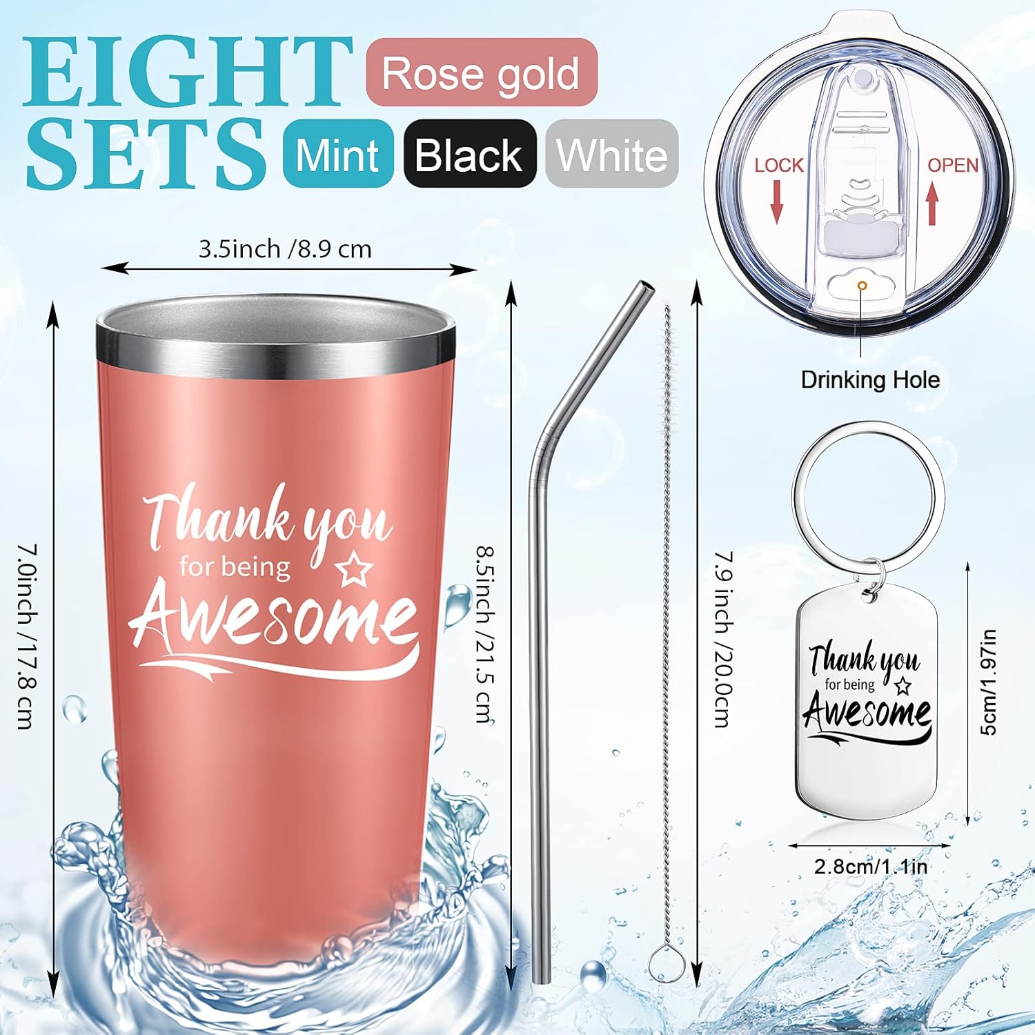 Sieral 16 Pieces Thank You for Being Awesome Tumbler, Thank You Supplies for Women Men 20oz Insulated Stainless Steel Travel Tumbler with Lid and Straw Appreciation Gift with Keychain (Classic Color) - Image 2