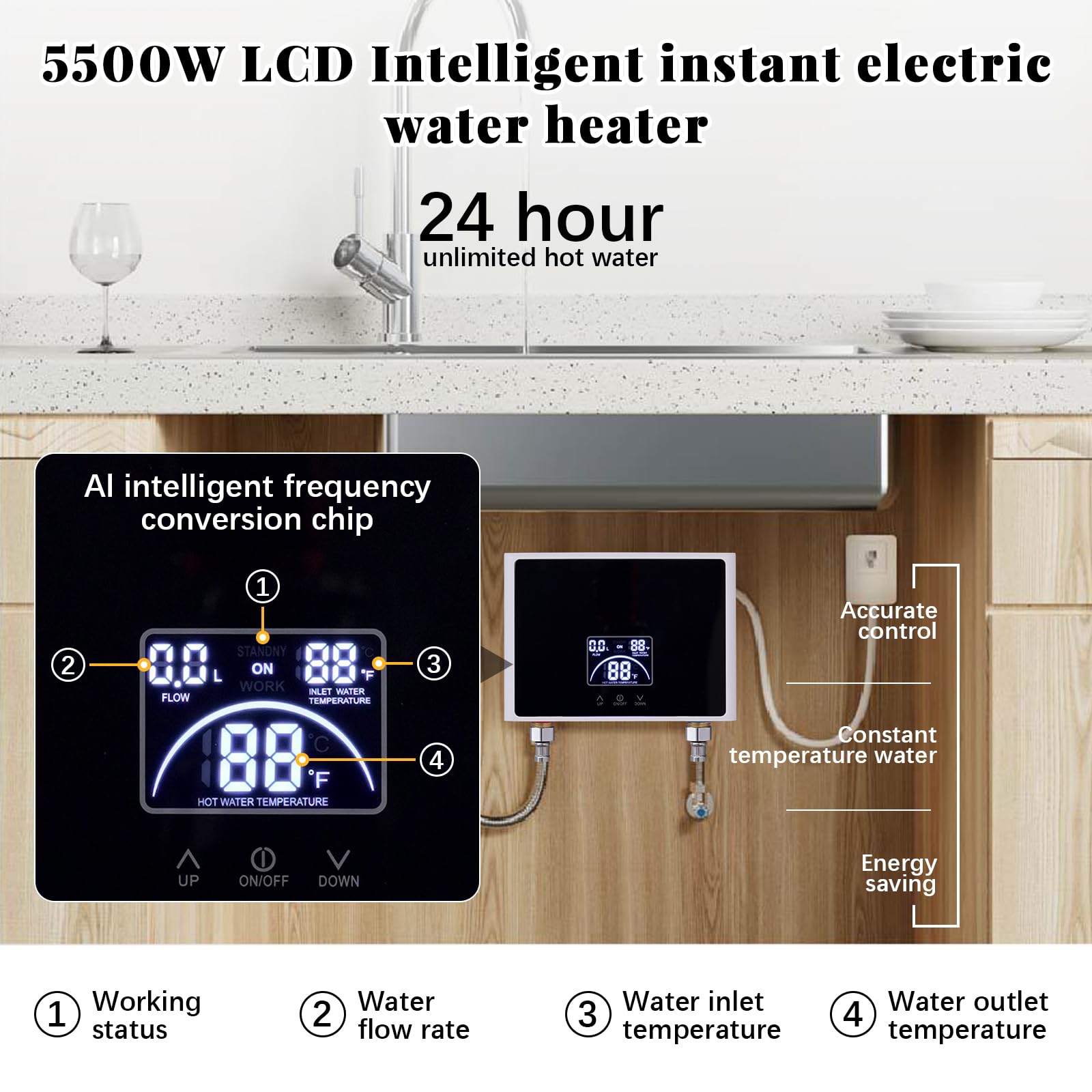 Chauffe-eau Instantané, 5500W Chauffe-eau électrique avec Écran LED | Mini Chauffeeau 230V pour Cuisine et Douche Salle de Bain, Sans Prise, Résistant à la Pression, Chauffage Rapide,Étanche IPX4