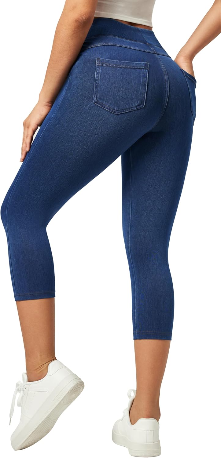 IUGA Jeggings for Women Pull On Capri Jeans Stretchy Jean Capris High Waisted Denim Capri Leggings Casual Pants with Pockets