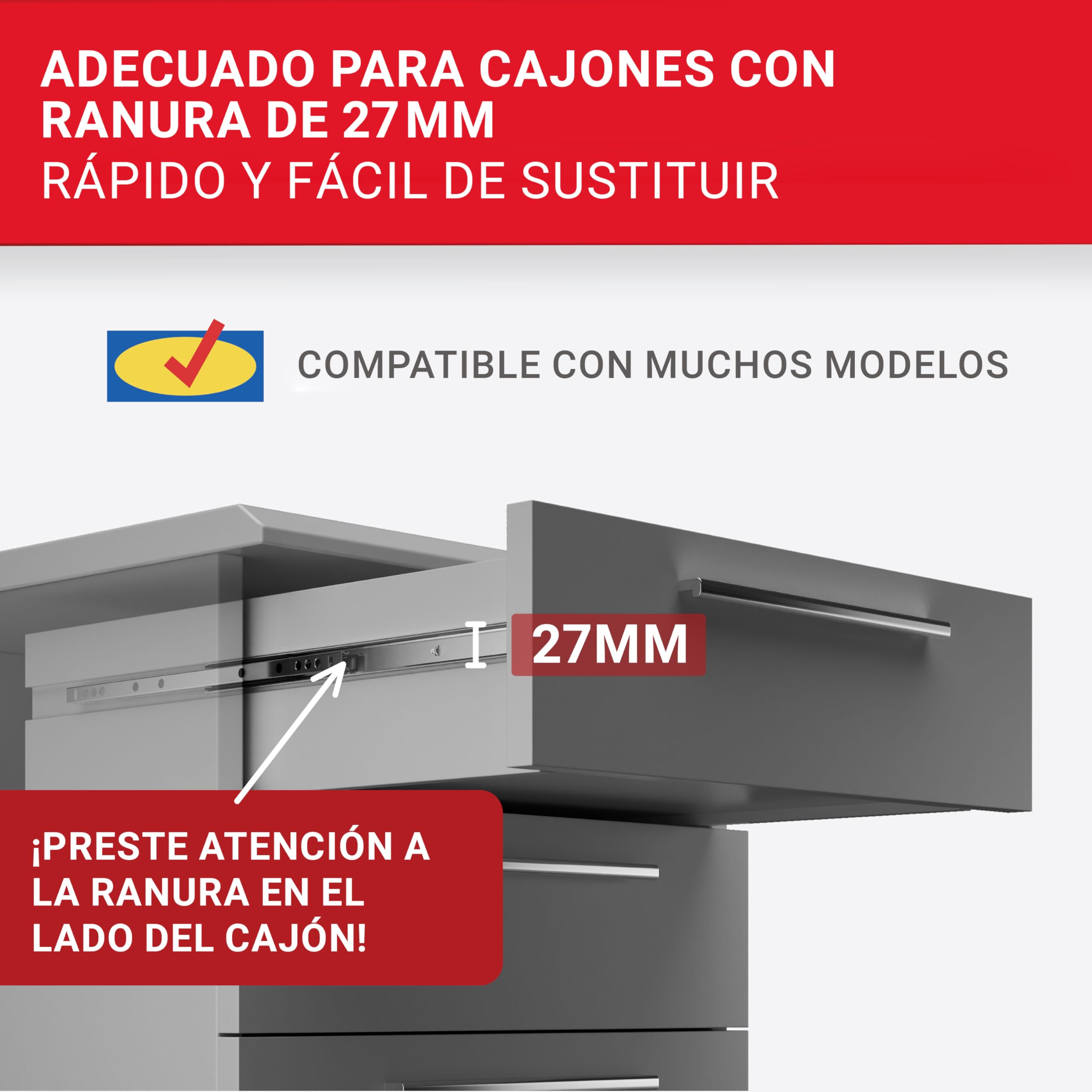 LouMaxx Juego de 4 rieles para cajones con ranura de 27 mm, rieles de mm, sistema de rieles para cajones con extracción parcial para ranura de 27 mm (L = 350 mm, 4, Unidad)