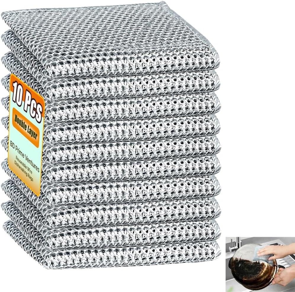 10 Pcs Upgraded Double-Layer Non Scratch Wire Dishcloth, 7.87"×7.87" Reusable Wire Dishwashing Rag, Multi-Purpose Metal Dish Cloth for Wet and Dry, Kitchen Cleaning Cloth, Sinks, Dishes, Stove Top