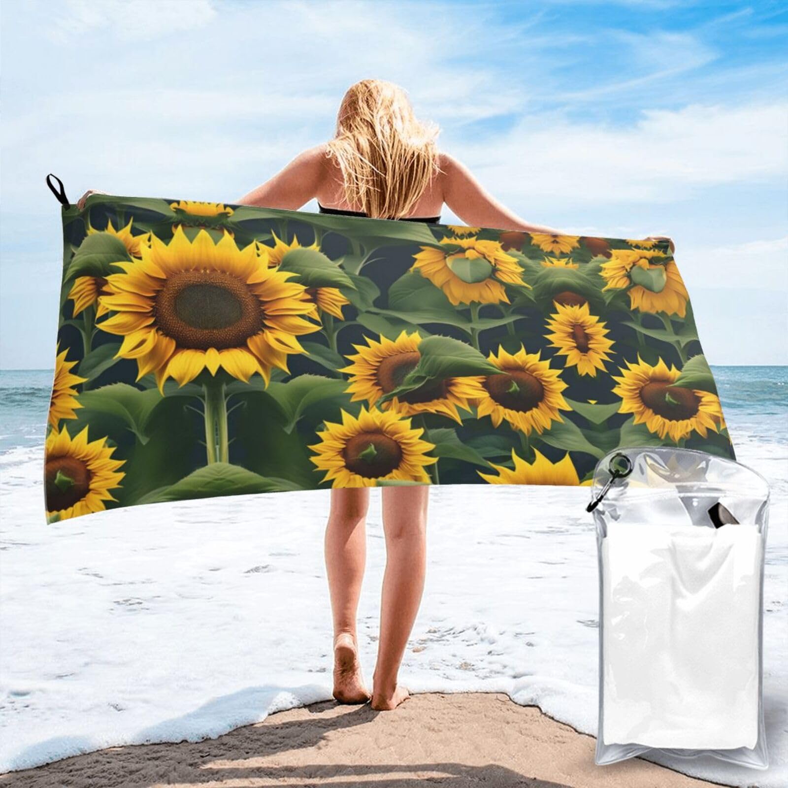 Toalla de baño con estampado de girasoles: secado rápido y gran tamaño para camping