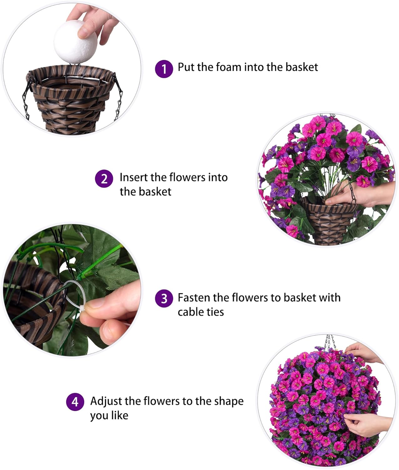 Artificial Fake Hanging Flowers in Basket for Outdoor Indoor Decoration,UV Resistant Faux Silk Dark Purple and Fuchsia Morning Glory Plants Realistic Hanging Planter for Outside Home Porch Yard - Image 5