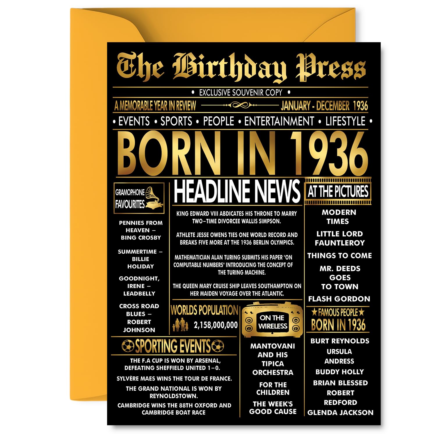 Gold 90th Birthday Card for Men Women - Black & Golden Newspaper Born in 1936 - Happy 90 Birthday Cards for Husband Dad Nan Grandad Wife Auntie, 5x7 Inch Bday Greeting Cards