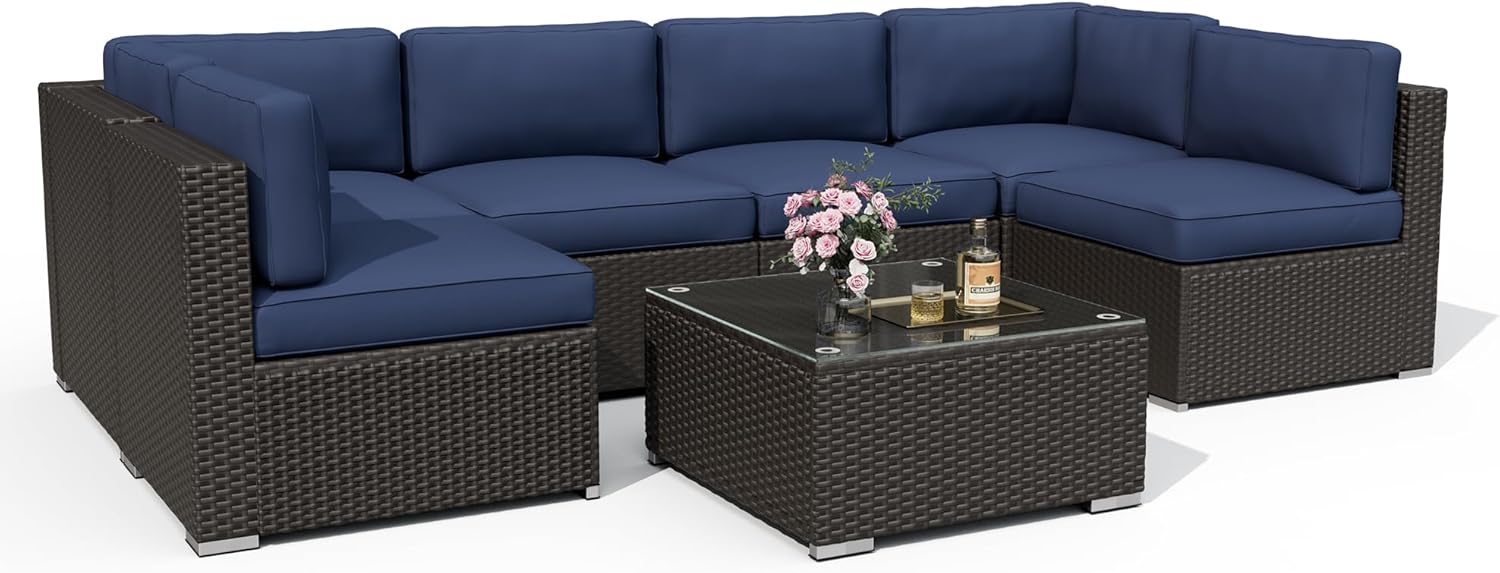7 Pieces Outdoor Patio Furniture Set, Black Brown Wicker Patio Sectional Sofa Set, Outdoor Couch with Cushion and Tempered Glass Table, Dark Blue