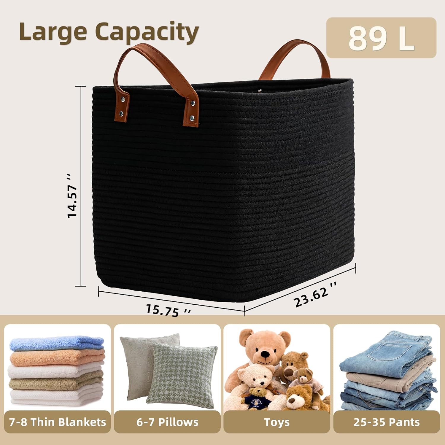 BOLDMONKEY 89L Extra Laundry Basket with Leather Handles,Woven Cotton Rope Blanket Basket,Toy Bin for Baby Room,Laundry Hampers for Bedroom, Living Room,Bathroom,24"x16"x15" Black