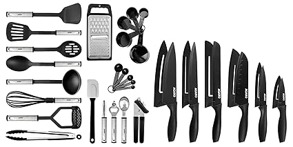 AGARO Galaxy 24 Pcs Kitchen Utensils Set, Nylon and, Heat Resistant, Kitchen Cooking Utensils, Cookware Set with Spatula, Black & AGARO Royal 6 Pcs Kitchen Knife Set with Covers (Black)