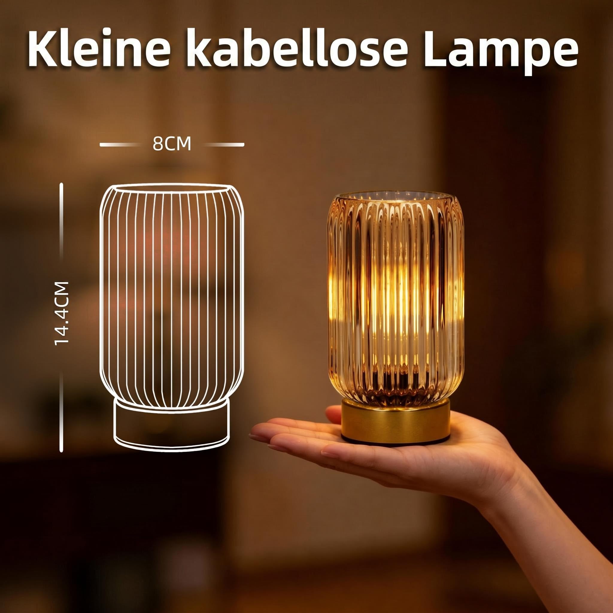 MJ PREMIER 2er-Set Tischlampe Kabellose, Batteriebetriebene Nachttischlampe mit 6H Timer, gelber geriffelter Glasschirm, Vintage Dekoleuchte ohne Stromkabel, kleine Tischleuchte für Innenräume