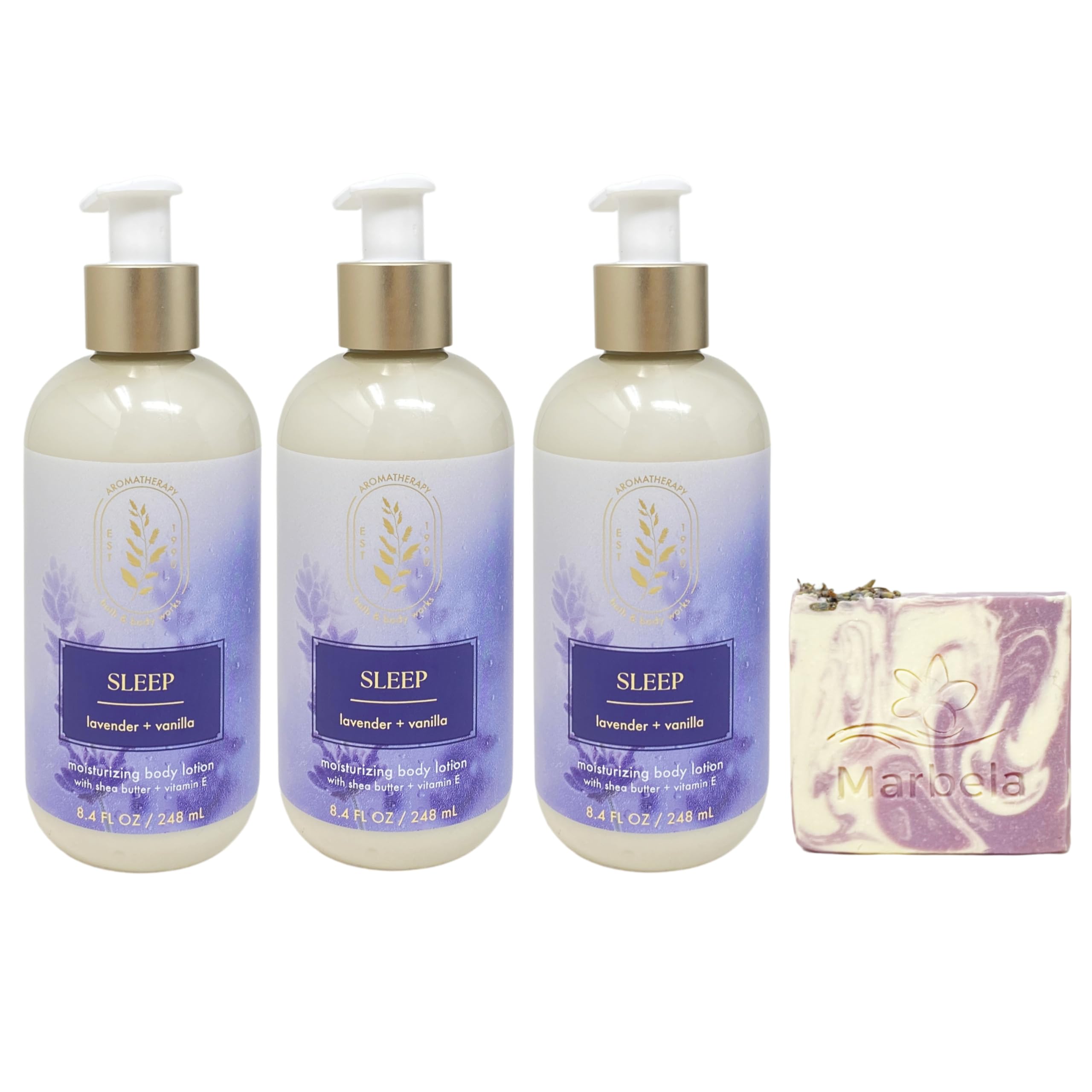 Bath Body Works Aromatherapy Sleep Lavender Vanilla Body Lotion 3-Pack Set with a Lavender Dream Bar Soap