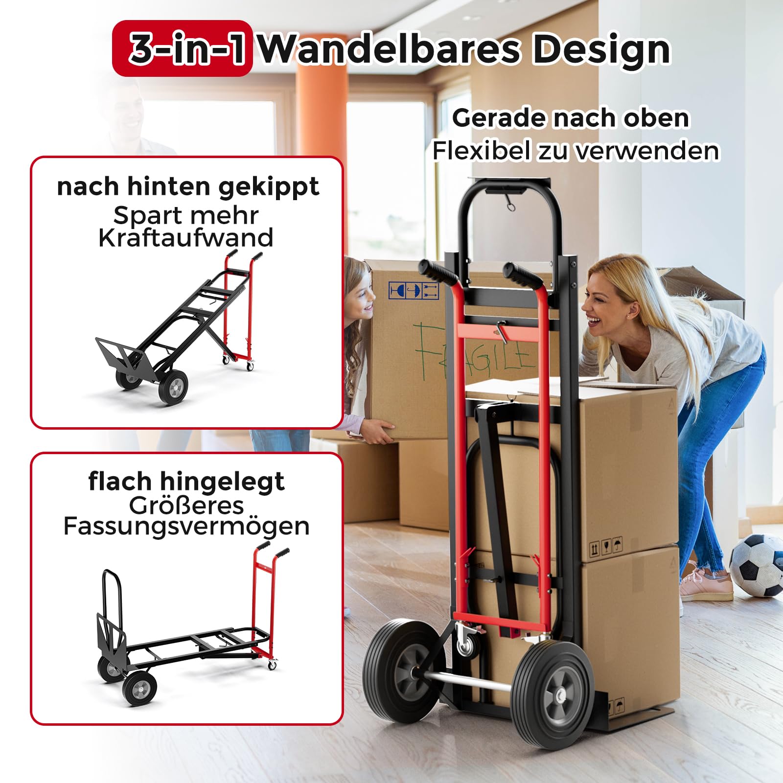 COSTWAY Wózek transportowy 3 w 1, wózek transportowy z obciążeniem do 360 kg/450 kg, wózek ręczny z 4 gumowymi oponami, w zestawie linka do wiązania, powierzchnia ładunkowa 25 x 29 cm / 130 x 38 cm