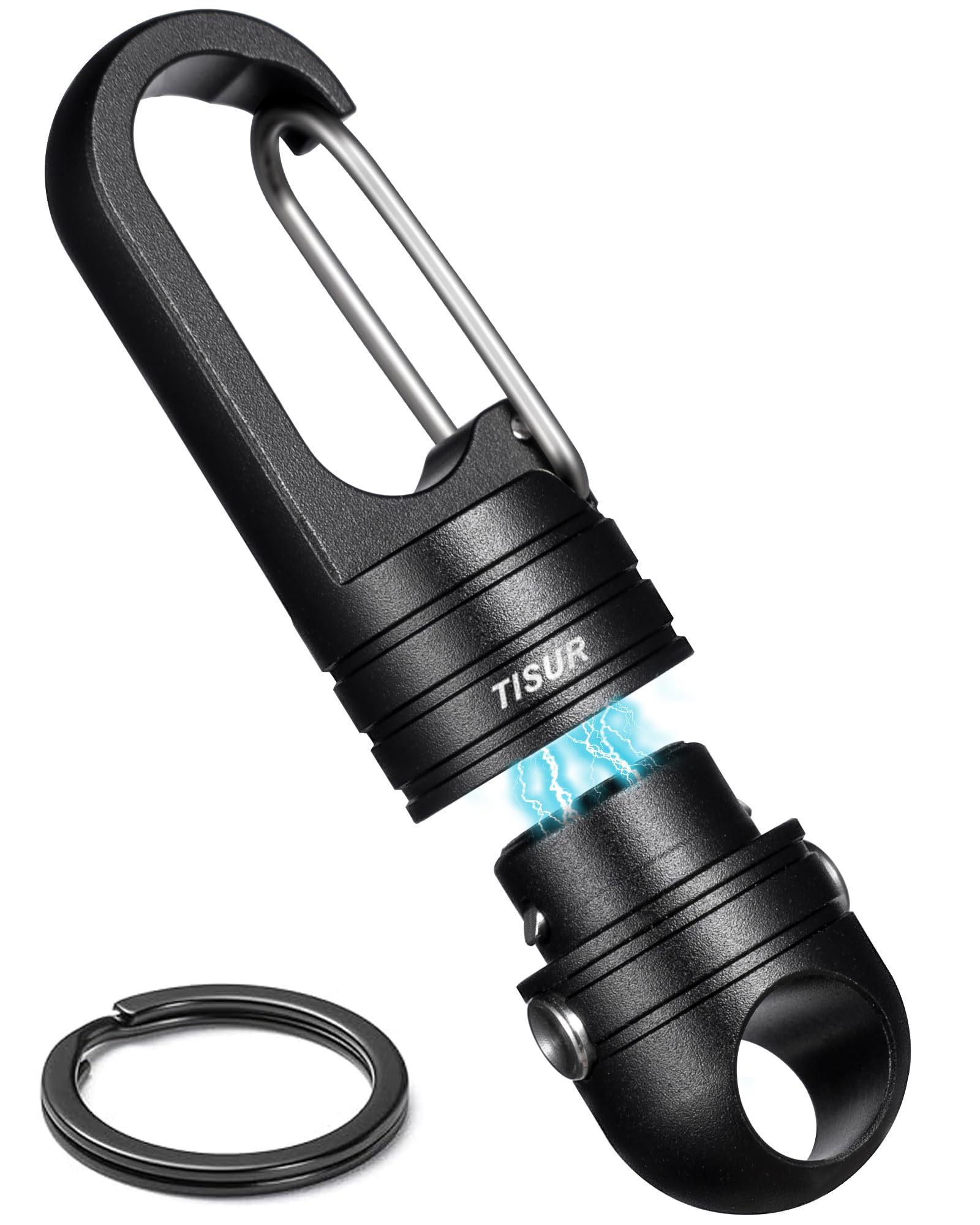 [TIMULTI] マグネットリリーサー キーホルダー 耐荷重20KG ダブルボタンロック 着脱式 クイックリリース 小型 磁石 カラビナ クリップ 360°回転 キーリング付き(ブラック アルミ(クリップ付き-1個入り)
