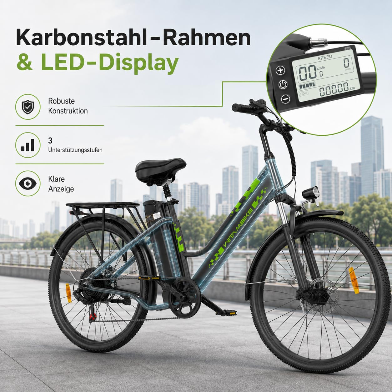 E-Bike 250W Motor 48V20 Akku 7-Gang mit Federdämpfung Scheibenbremsen | 25 km/h Höchstgeschwindigkeit, 100-120 km Reichweite, Scheibenbremsen, Herren & Damen, Stadt & Gelände