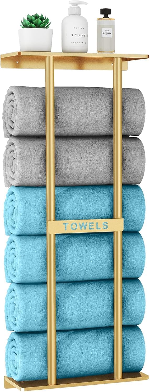STWWO Bathroom Towel Storage Rack for Bathroom, 30 inch Towel Racks Wall Mounted with Shelf Can Holds 6 Large Towels, Wall Towel Rack for Rolled Towels, Gold