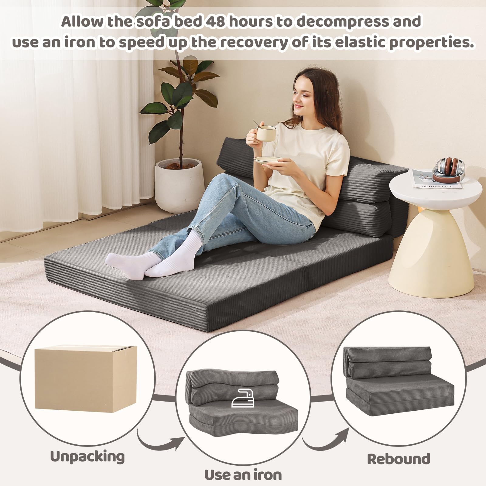 Folding Sofa Bed, Convertible Sleeper Chair with Pilow Foldable Matress, 2 in 1 Pull Out Loveseat Sofa Portable Fold Out Chair Bed Floor Couch Lounge for Living Room Bedroom (Grey, Full)