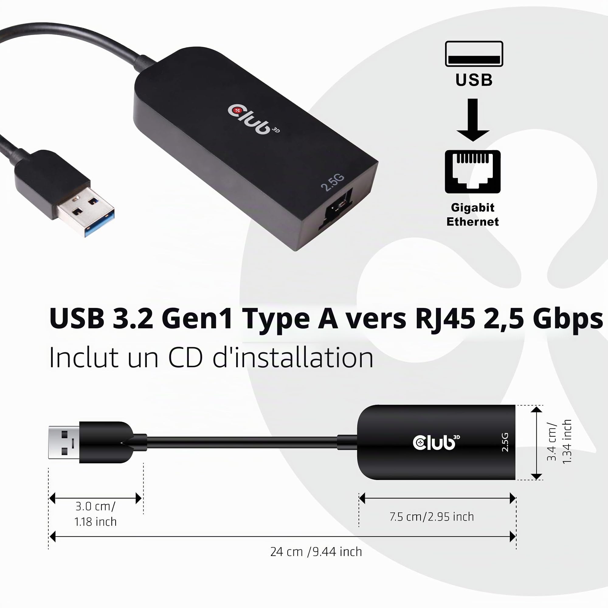 Club 3D USB 3.2 Gen1 Adaptateur Type A vers 2, 5 gigaoctets Ethernet St./BU Noir.